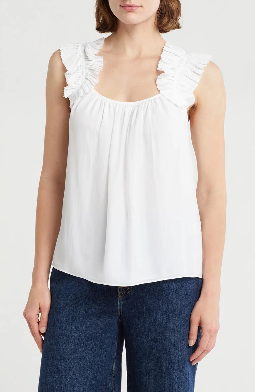 RAMY BROOK Leah Ruffle Strap Tank Top Scoop Neck Lightweight Blouse